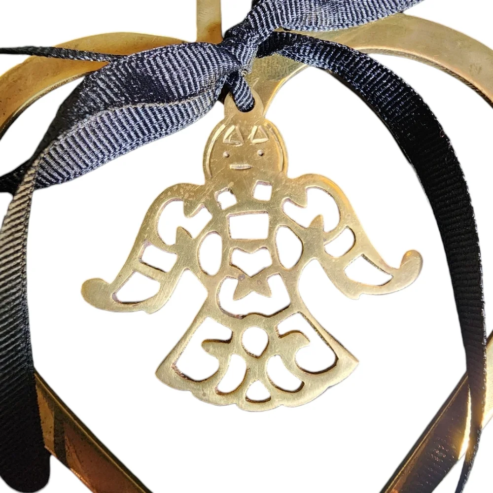 Vintage Brass Heart With Center Angel & Black‎ Ribbon Christmas Ornament 6
